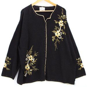 Vintage Carly St. Claire Cardigan Sweater Womens Black Floral Embroidered Sz 3X